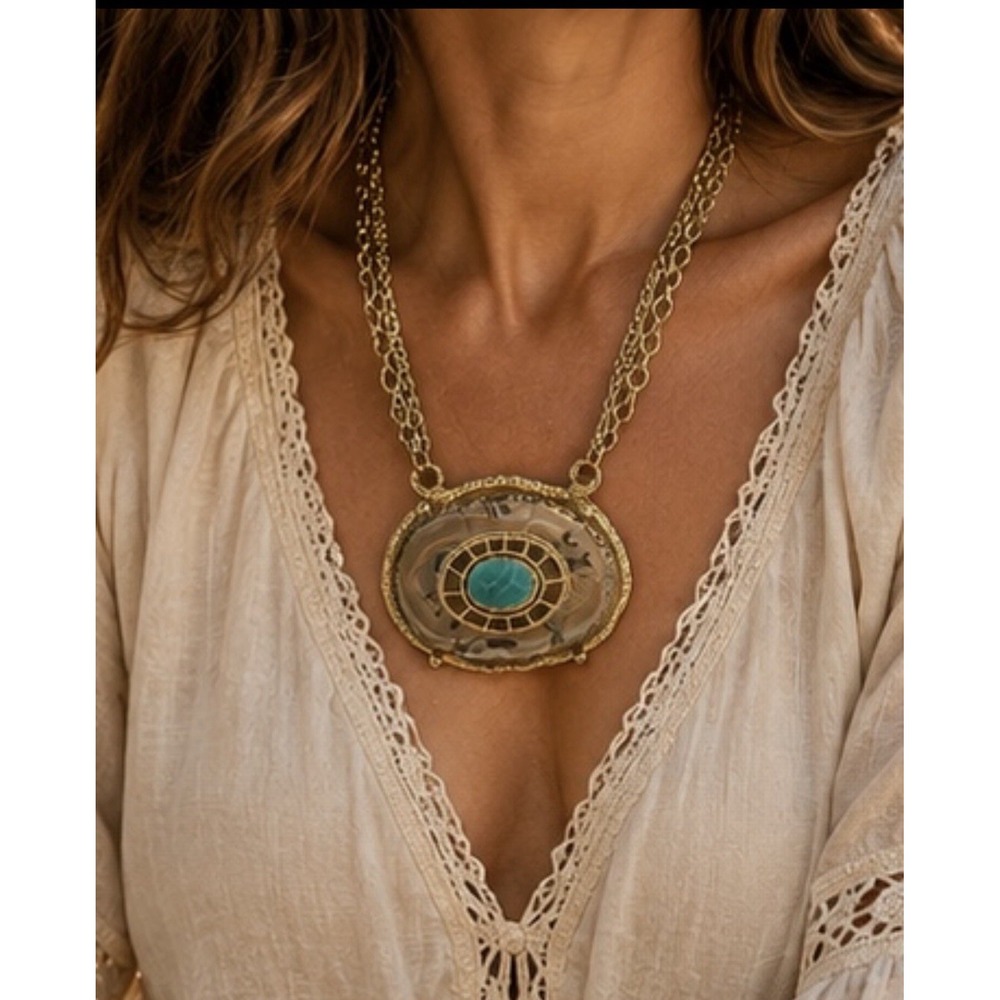 Large Agate Slice Turquoise Cabochon Statement Necklace Boho Artisan Gold 20"